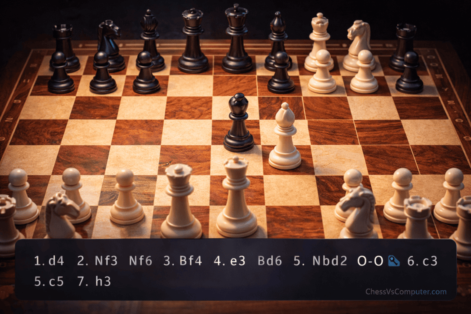 Setup of the London System opening on a wooden chess board