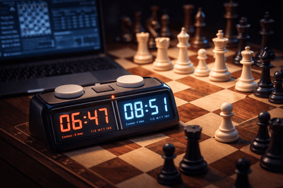Digital chess clock displaying low time against a computer opponent